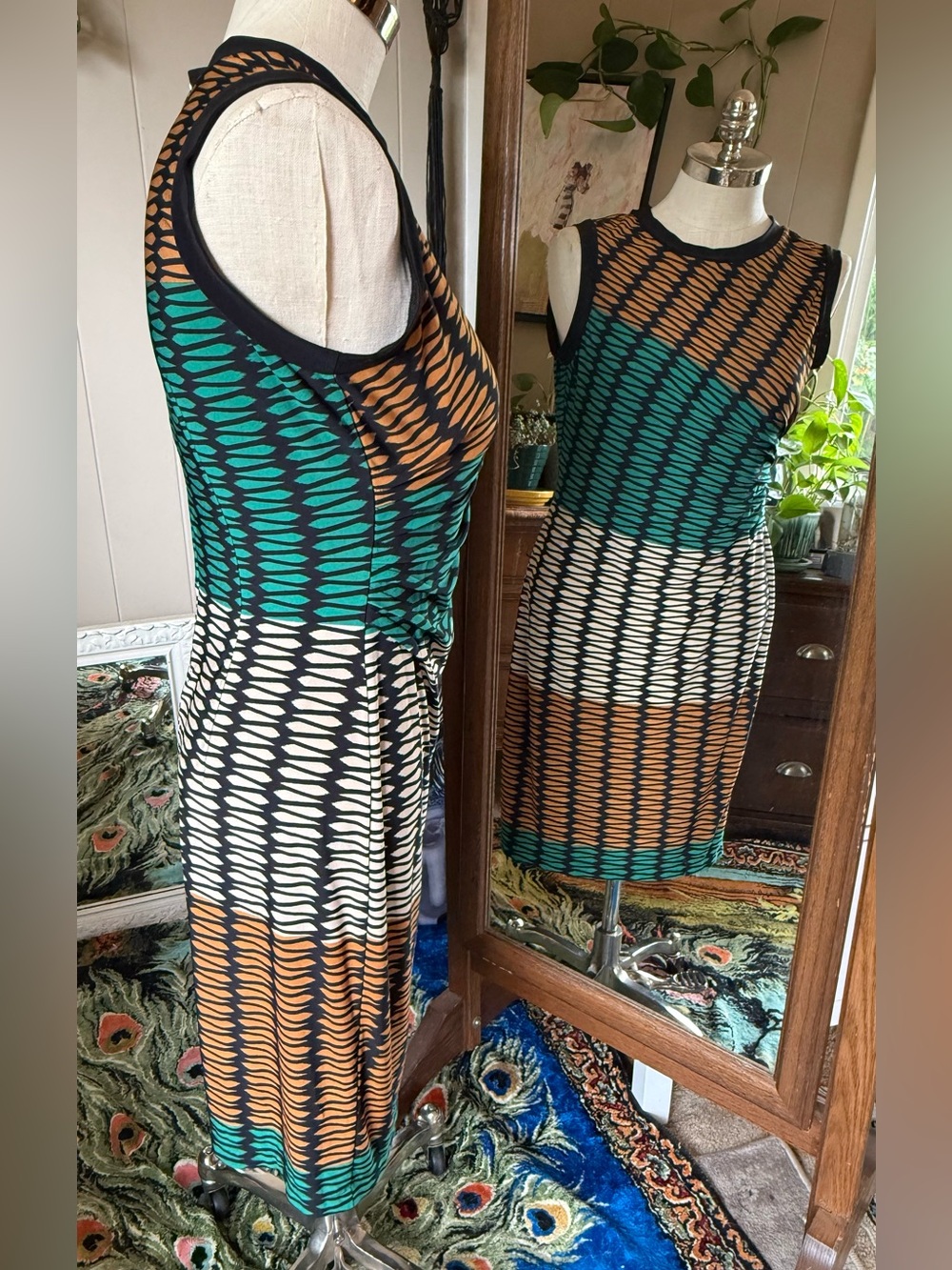Julian Taylor Fit & Flare Dress Black Geometric Teal, Rust Cream, Size 14 - Picture 3 of 11